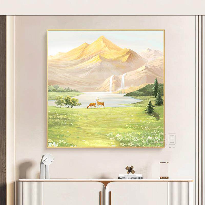 奶油风客厅装饰画方形入户玄关画餐厅挂画大芬油画村山水画寓意好