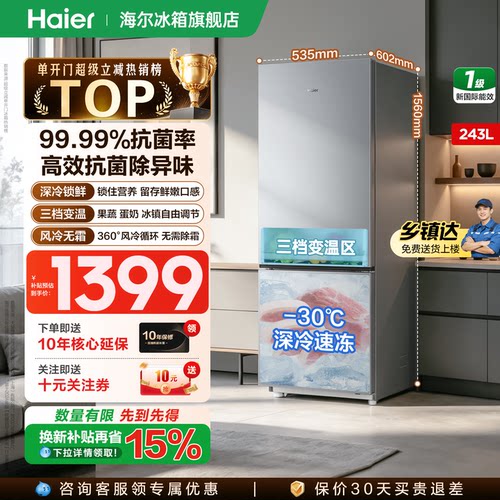海尔冰箱243L双开门变频无霜家用