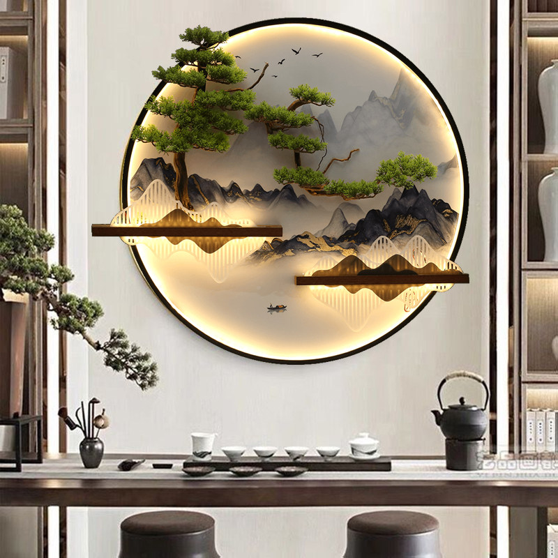 新入户玄铁艺饰画客厅沙发背景挂件迎客松壁饰带灯