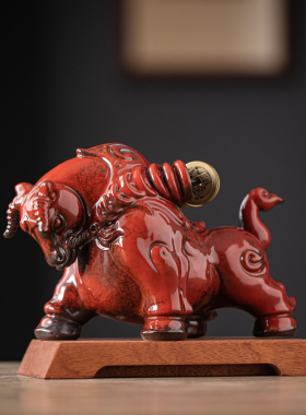 陶瓷红色牛一对招财客厅办公室装饰年吉祥物