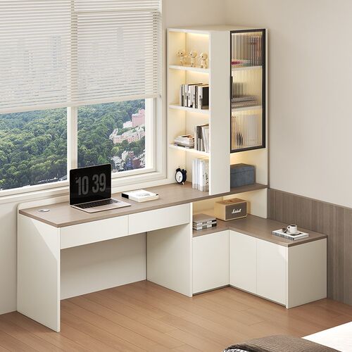 卧室实木转角书桌书柜床头柜一体桌飘拐角电脑桌