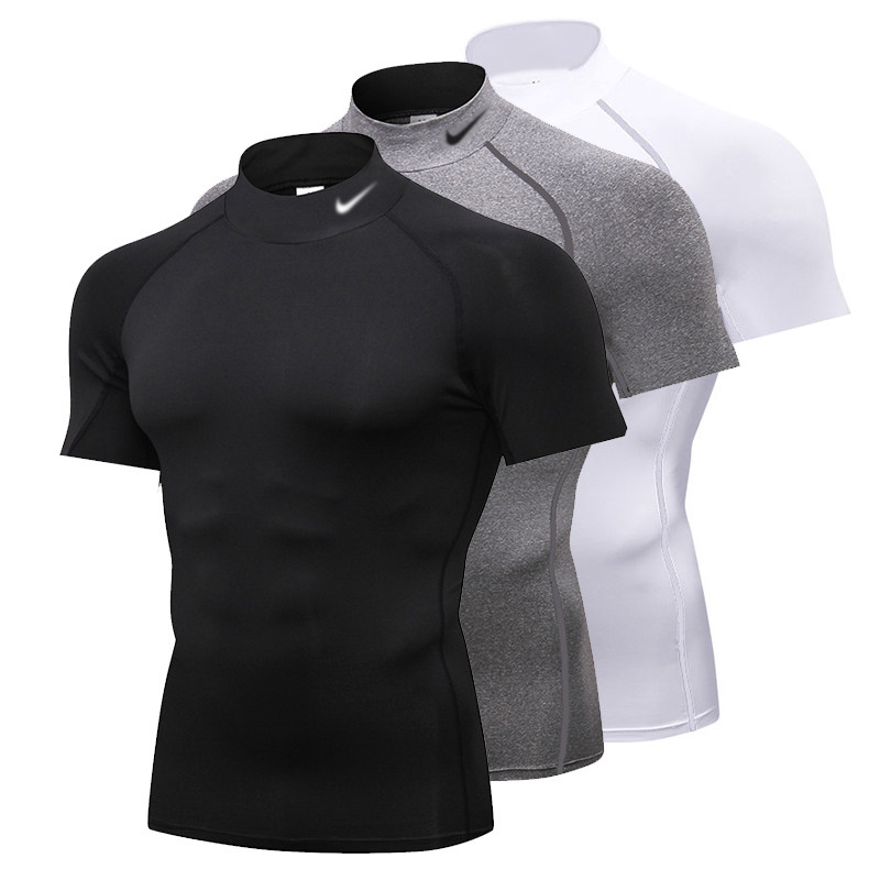 高领紧身衣男透气弹力速干运动T恤跑步健身吸汗田径训练打底短袖
