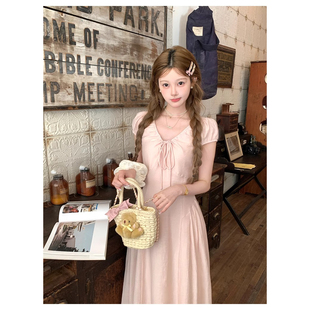 Acaine粉色长款v领收腰短袖连衣裙女夏季法式复古宽松显瘦a字裙子