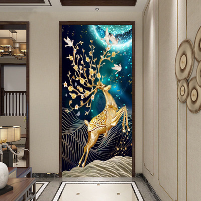 现代玄关背景墙饰画壁纸一鹿生财走廊过道墙纸竖墙布麋鹿壁画