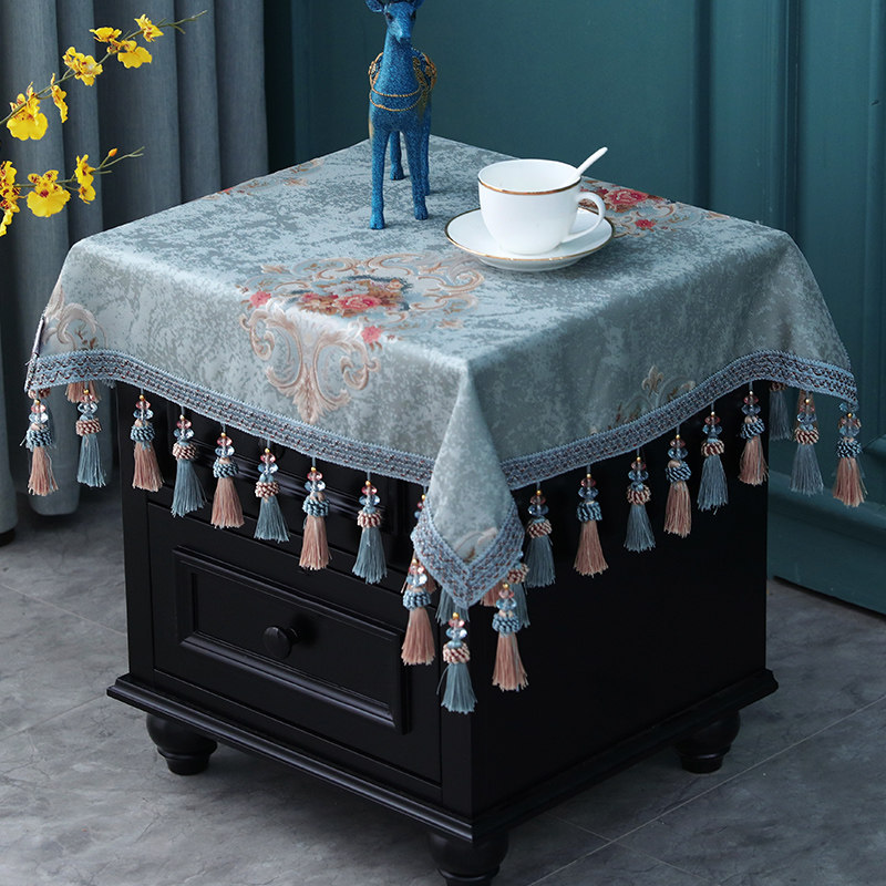 欧式床头柜盖布盖巾正方形蓝色小吊穗家用桌布布艺方桌小方巾,居家布艺,桌布,淘宝优惠券,粉丝福利购,淘宝优惠卷