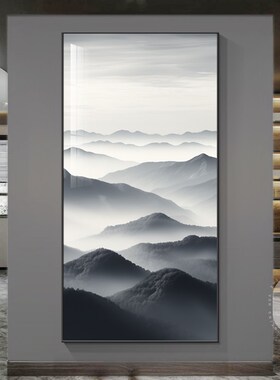 现代靠山图蓝色风景玄关装饰画水墨风意境挂画竖壁画