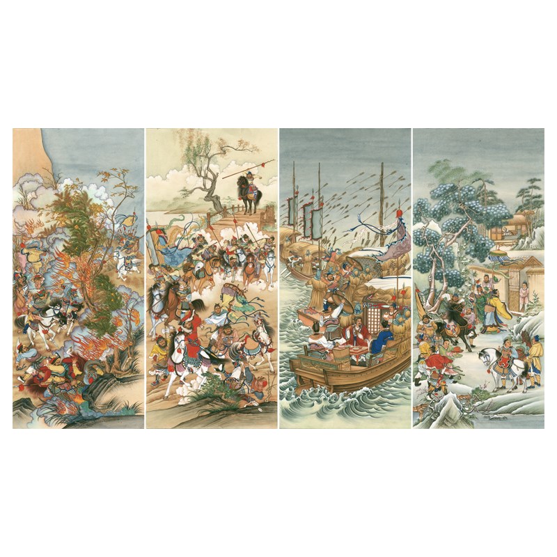 三国人物故事四屏工笔人物画国画临摹范本中式装饰画艺术微喷画心