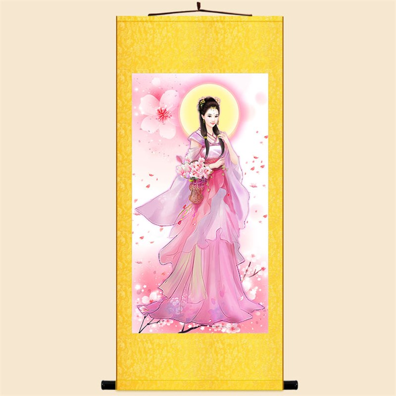 桃花仙子图 花神仙女画像 中式复古客厅书房装饰画 绢布卷轴挂画图片