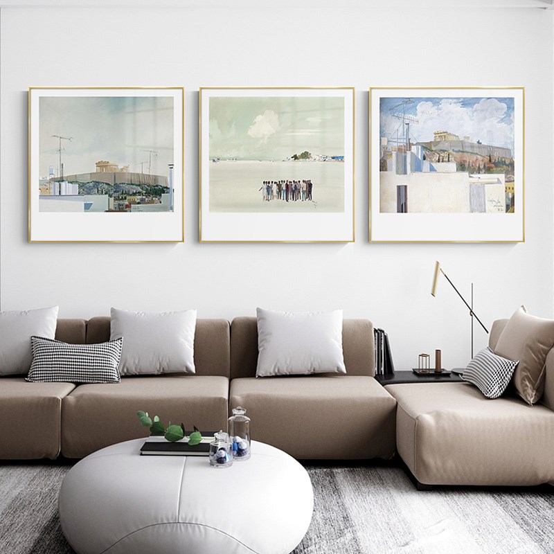 奶油原木风客厅挂画油画肌理感风景建筑蓝天白云抽象艺术装饰画图片