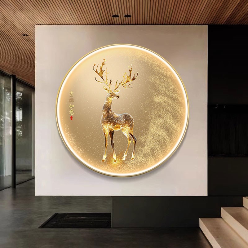 金色鹿圆形玄关装饰画入户背景墙带灯壁画轻奢高级感走廊过道挂画图片
