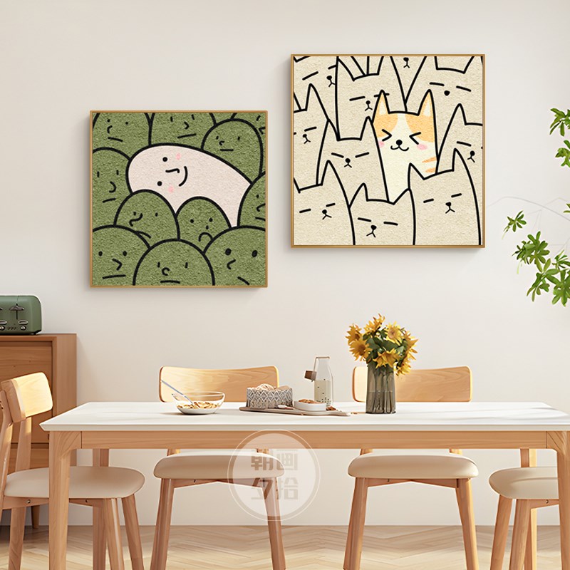 奶油风客厅装饰画餐厅组合挂画可爱卡通猫咪摆画小众个性卧室壁画图片