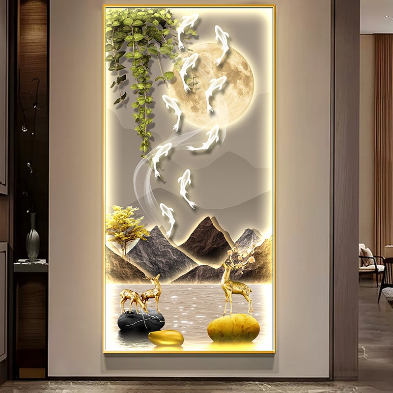轻奢led带灯九鱼图入户玄关装饰画简约现代走廊过道挂画竖版壁画图片