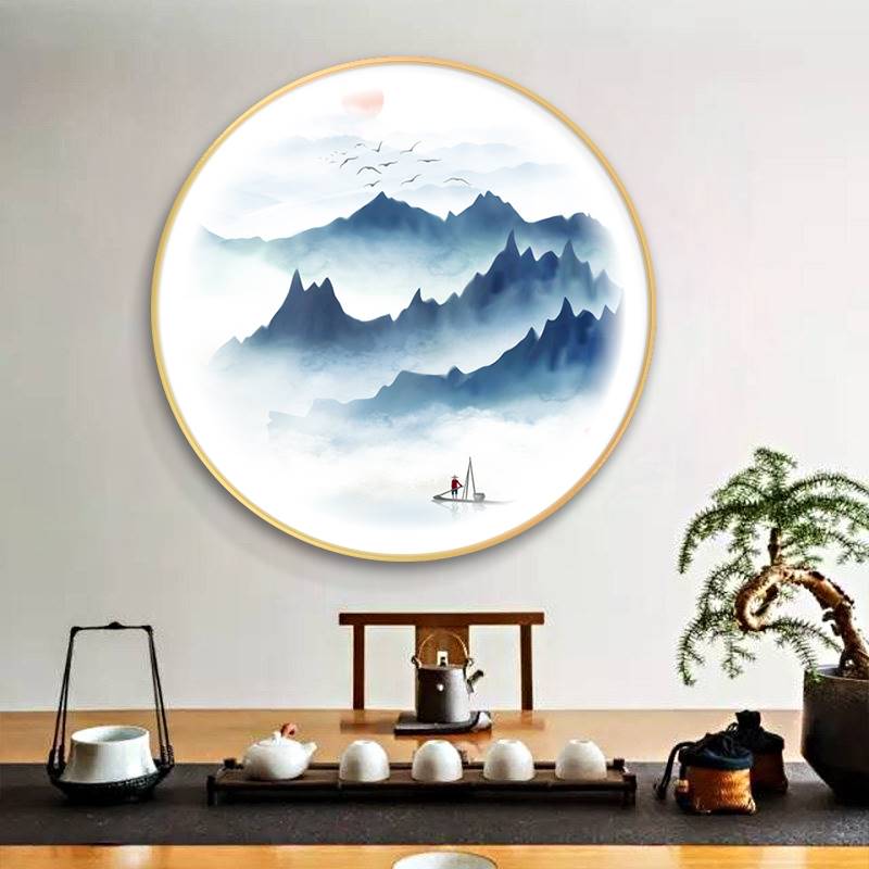 现代轻奢客厅进门背景墙圆形带灯山水画玄关画晶瓷装饰画过道挂画图片