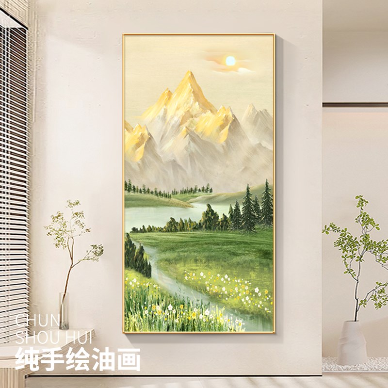 《日照金山》纯手绘油画大芬油画村玄关装饰画山水风景丙烯肌理画图片