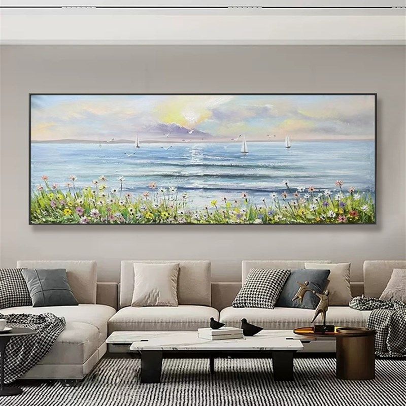 大芬村日出风景大海帆船油画客厅一帆风顺挂画纯手绘装饰画背景墙