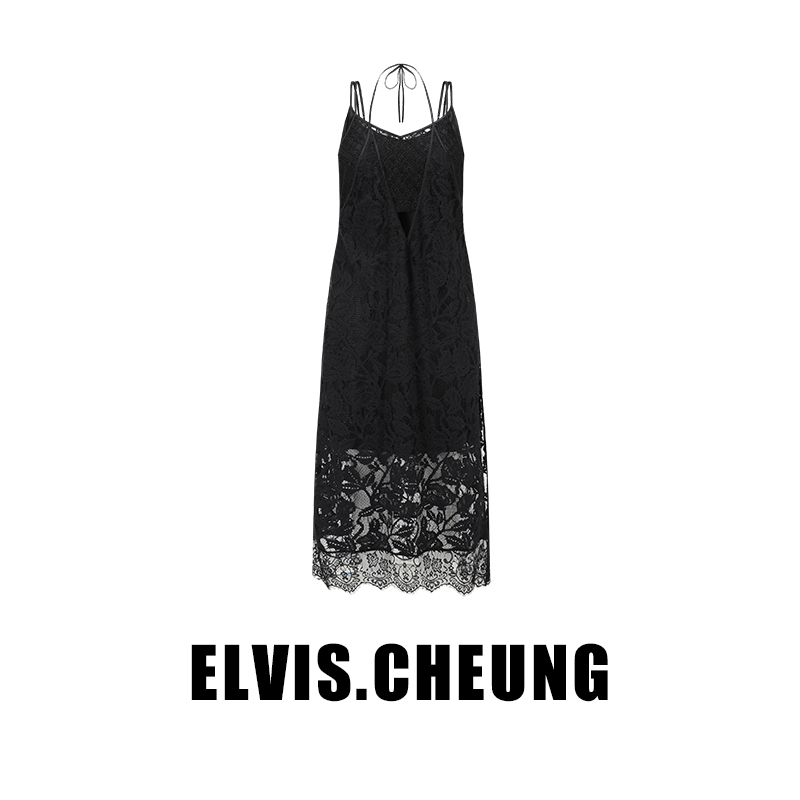 ELVIS.CHEUNG夏季新品极夜黑气质蕾丝拼接假两件无袖连衣裙女