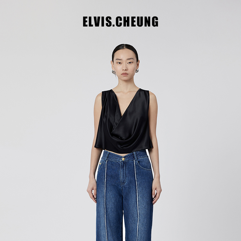 ELVIS.CHEUNG春夏新品设计师荡领真丝扭转结构深v打底背心百搭
