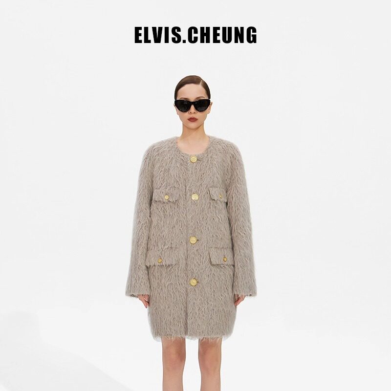 ELVIS.CHEUNG秋冬新品羊驼毛毛圆肩茧型无领中长大衣外套