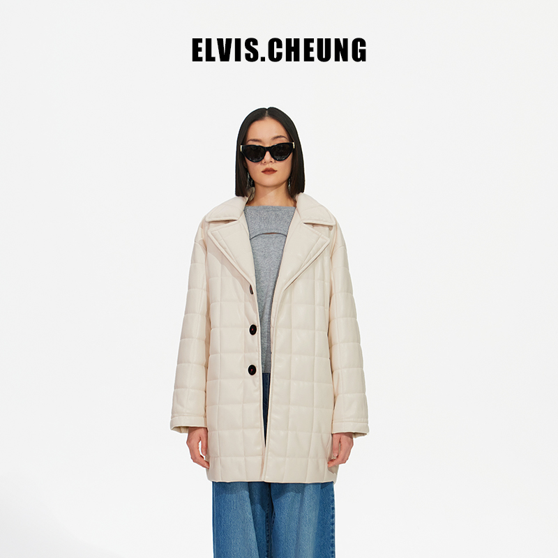 ELVIS.CHEUNG秋冬新品蛋白PU皮行缝阔型中长皮大衣外套女士