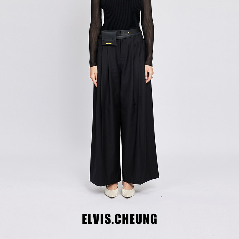 ELVIS.CHEUNG春夏新品复古真皮腰头休闲阔腿裤西装长裤显瘦百搭