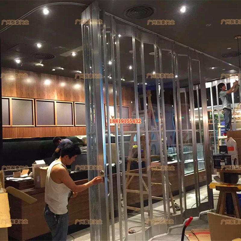 广州铝合金 商铺门异形转弯弧形大门 伸缩水晶款推拉门