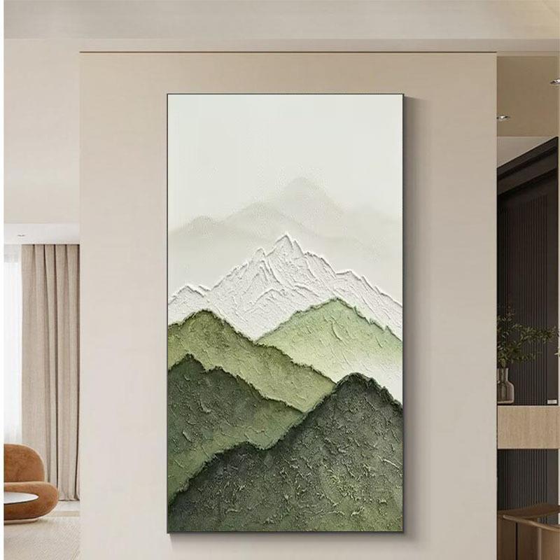 纯手绘油画背有靠山玄关入户装饰画绿色抽象山景走廊尽头立体挂画