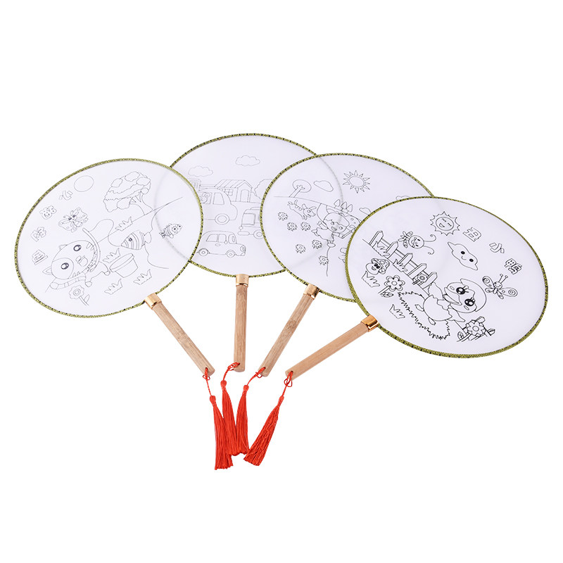 空白团扇diy材料包 儿童白色手工圆绘画手绘扇面画宫扇装盒装