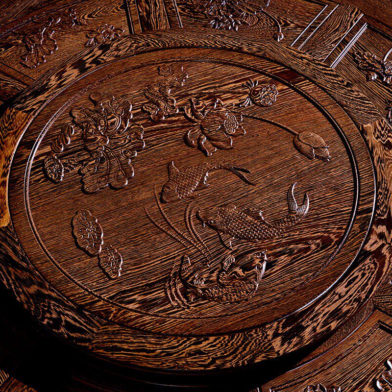 王木匠 鸡翅木餐桌椅圆台 实木红木中式餐厅饭桌雕花象头人