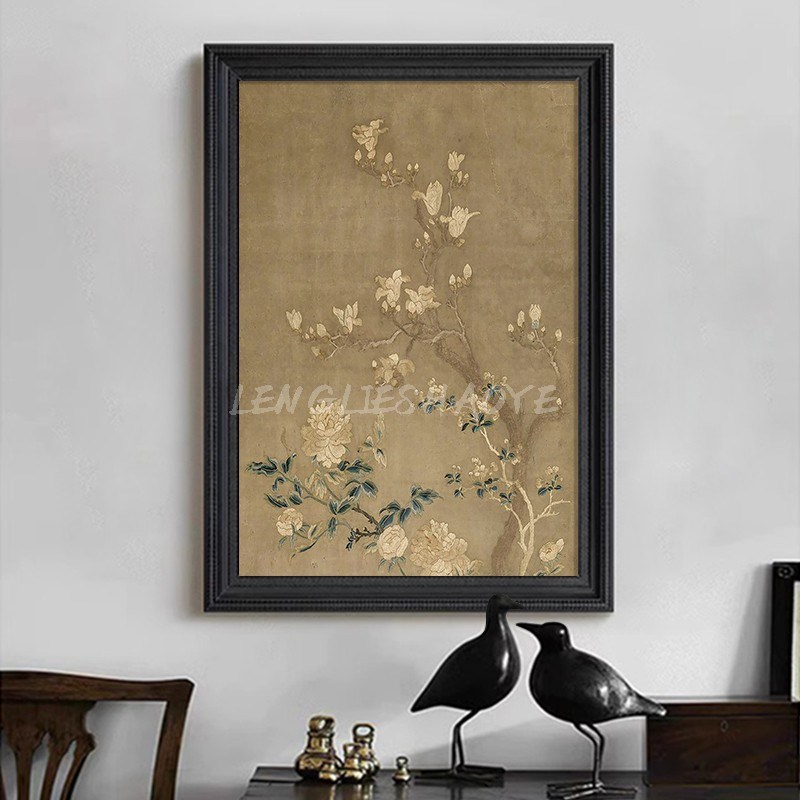 宋代美学法式客厅书房装饰挂画植物花卉中式复古餐厅玄关手绘油画图片