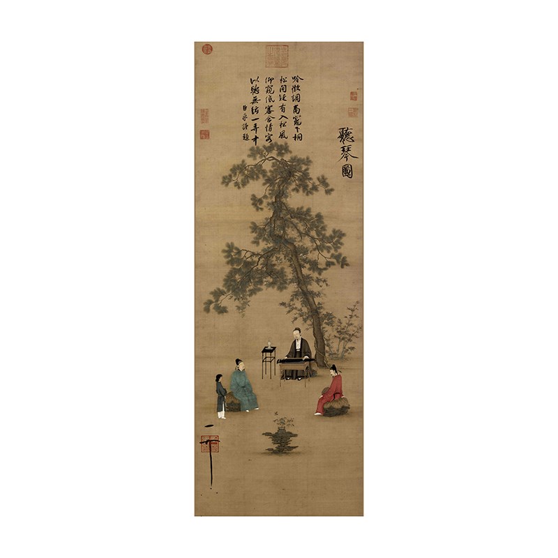 宋徽宗赵佶听琴图国画人物高清原大绢微喷绘复古制品客厅装饰挂画图片