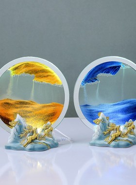 翻转自动流沙画一鹿相伴发光底座客厅书房卧室装饰工艺品