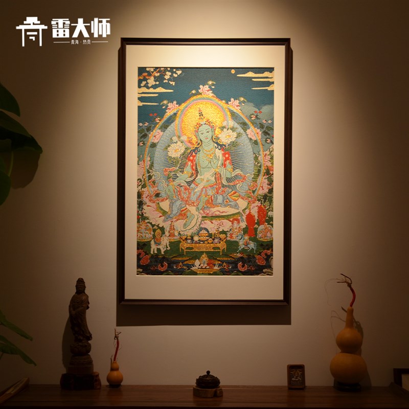 刺绣绿度母唐卡装饰画茶室玄关客厅背景墙挂画沙发餐厅实木装裱图片