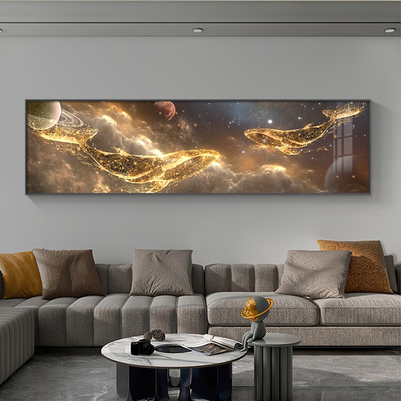 现代轻奢卧室床头装饰画创意鲸鱼客厅背景墙壁画星空高档横版挂画图片