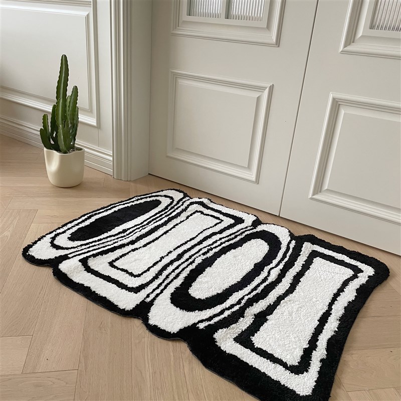 in簇绒异形设计感地毯卧室床边毯黑白几何创意入户客厅茶几地垫
