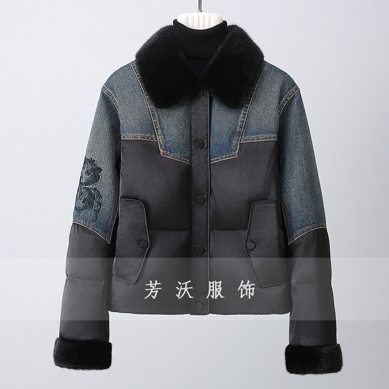 真毛水貂毛领翻领短款重工刺绣拼短外套