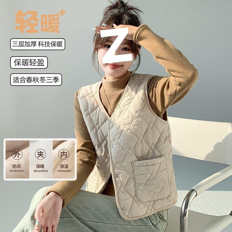 加绒V领马夹女秋冬季内搭外穿2024新款休闲纽扣轻薄保暖防风马甲