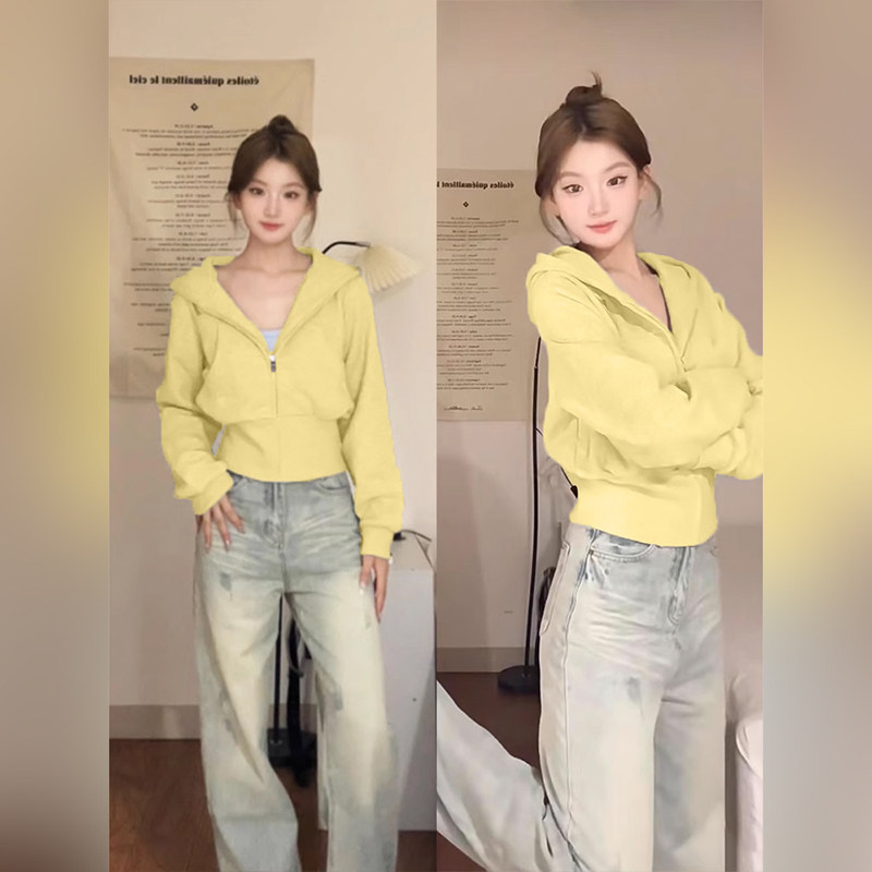 黄色短款正肩卫衣外套女款秋季连帽修身上衣早秋穿搭2025新款秋装