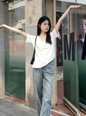 白色V领短袖正肩T恤女夏2026春新款松弛感宽松韩版慵懒高级感上衣