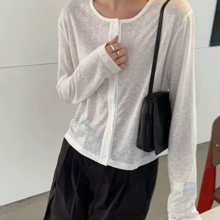 韩系简约单排扣长简约气质天薄款防晒开衫女夏季百搭纯色T恤上衣