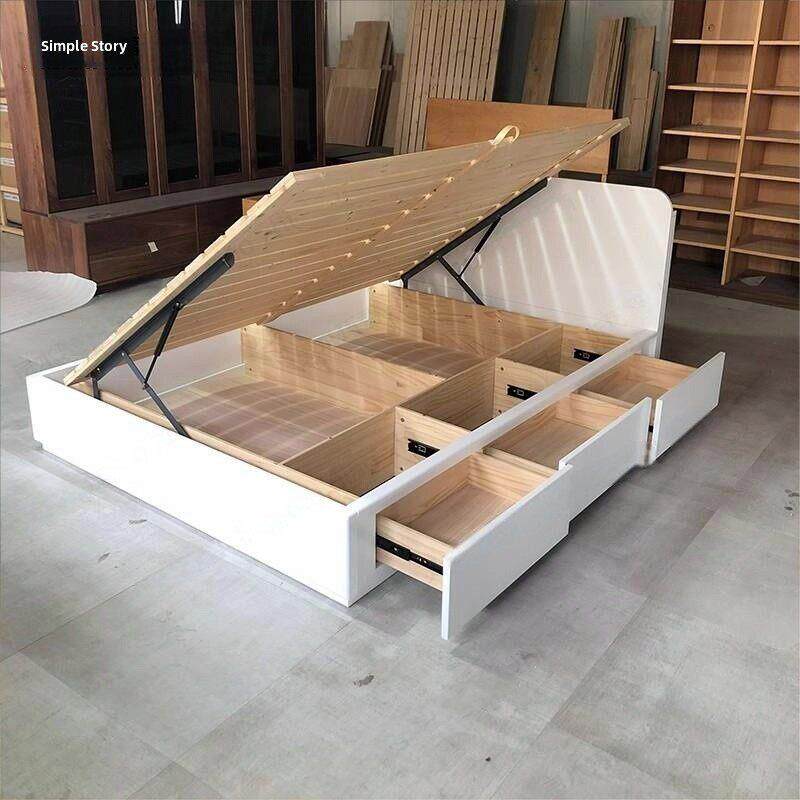 采购产品全实木榻榻米床，简单的主卧室灰木盒子床，小公寓抽屉气