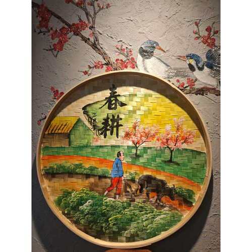 竹编画农家乐餐厅装饰乡村振兴复古农耕文化乡村文化墙手绘簸箕画