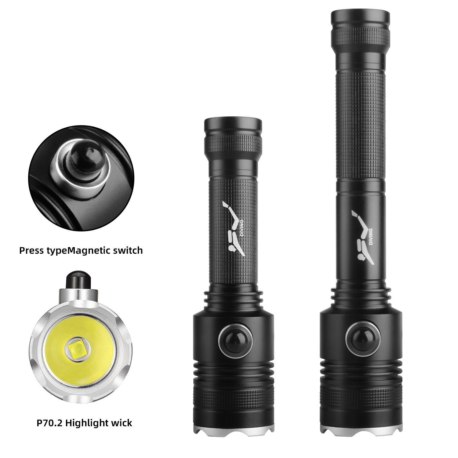 跨境新款LED二代P70磁控按钮式潜水手电筒XHP70强光水栖两用充电