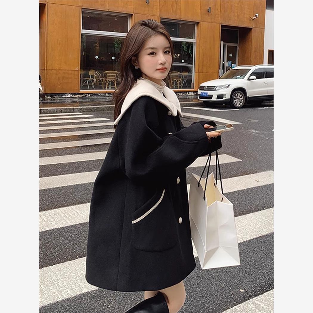 黑色毛呢外套女冬季2025