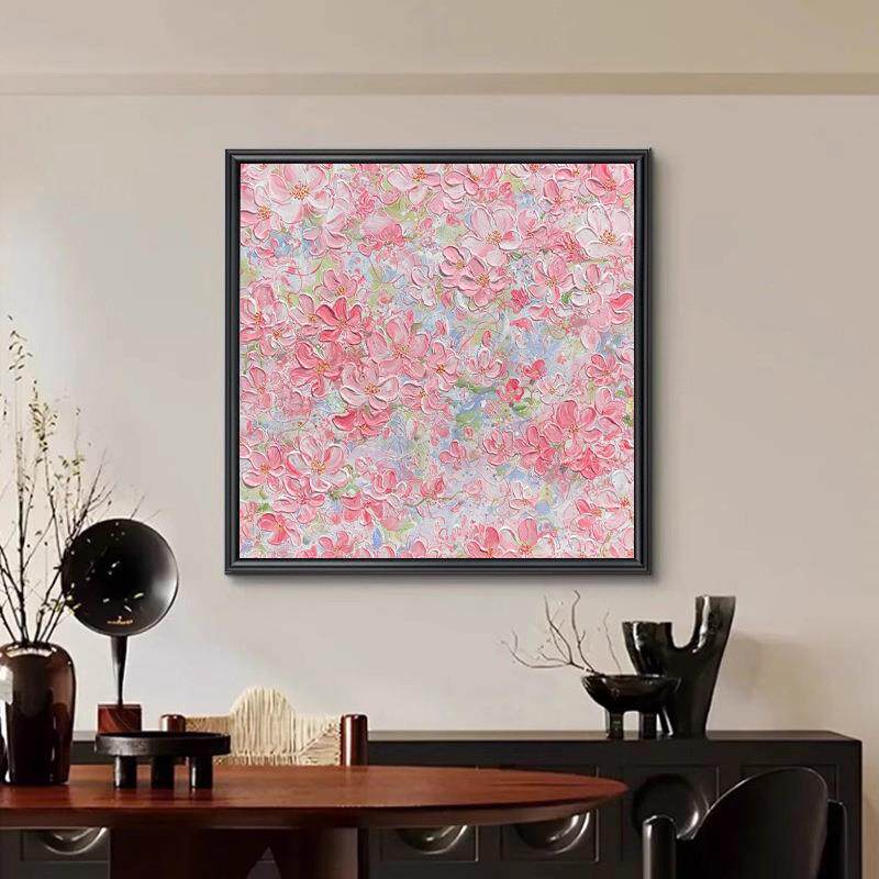 大芬村纯手绘油画奶油风客厅玄关装饰画抽象粉色花卉餐厅肌理挂画