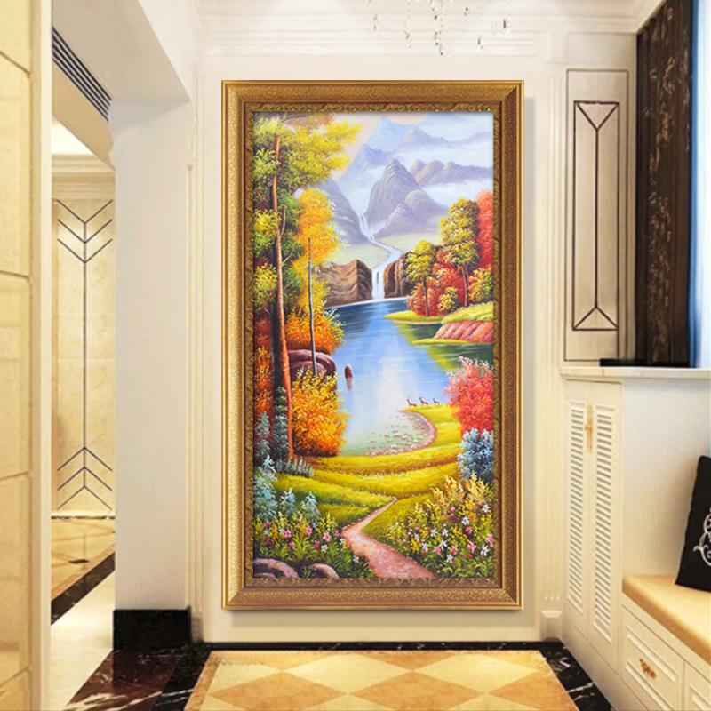 欧式油画聚宝盆山水画玄关装饰画竖版过道风水靠山美式挂画招财画