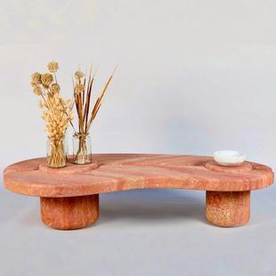 天然石材红色洞石中古诧寂风餐桌茶几咖啡店大理石灰华家具桌子