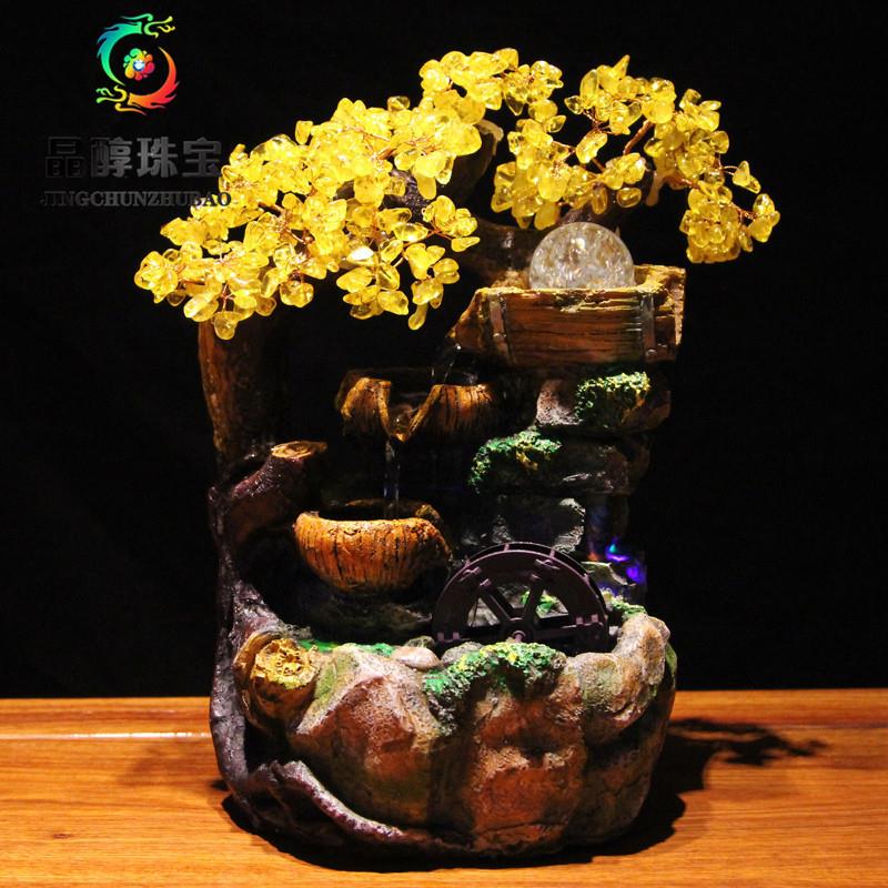 天然黄水晶摇钱树摆件 财源滚滚流水车球招财发财树 开店家居送礼