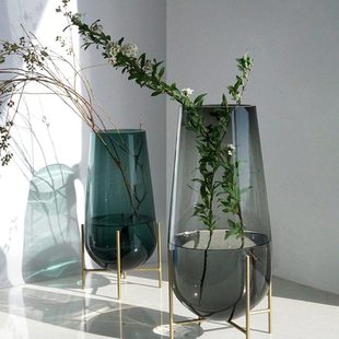 轻奢玻璃花瓶现代简约客厅落地花屏装饰摆件龙柳马醉木专用大花瓶