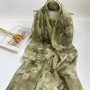 达芬奇密码春野白梅纱巾女士长款丝巾2026新款高级感100%桑蚕丝