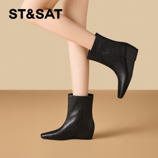 St&Sat/星期六简约真皮方头黑色短靴2026冬新款内增高时装靴女鞋